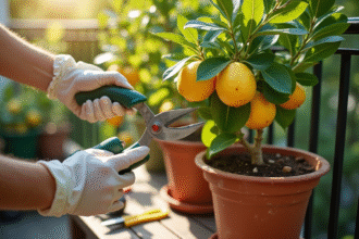 Personne taillant un arbre citronnier sur un balcon ensoleille