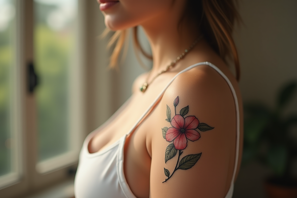 Bras d'une jeune femme avec tatouage floral délicat en lumière naturelle