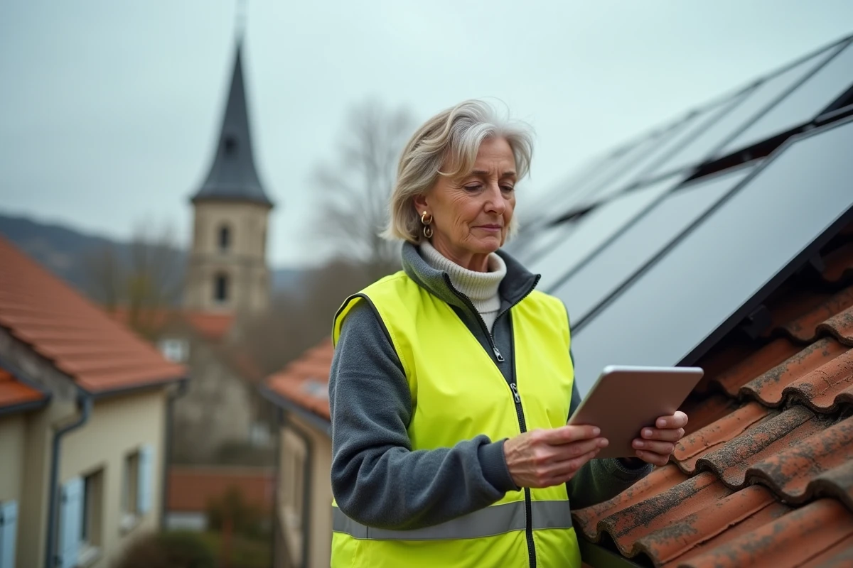 Technicienne inspectant des panneaux solaires sur un bâtiment résidentiel dans un village rural français dans le cadre d'un projet de co-valence énergétique
