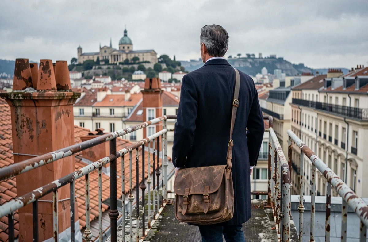 Homme sur une terrasse en toiture dominant les toits de Lyon avec vue sur la basilique de Fourvière lors d'une sortie insolite