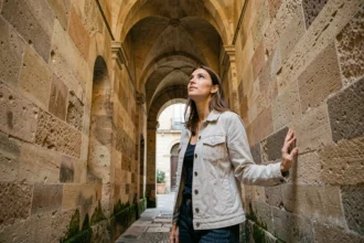 Femme explorant une traboule souterraine voûtée en pierre à Lyon lors d'un week-end découverte de lieux insolites