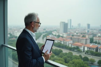 Urbaniste regardant la ville depuis une terrasse