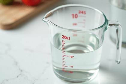 Verre mesureur rempli à 20 cl sur plan de cuisine blanc