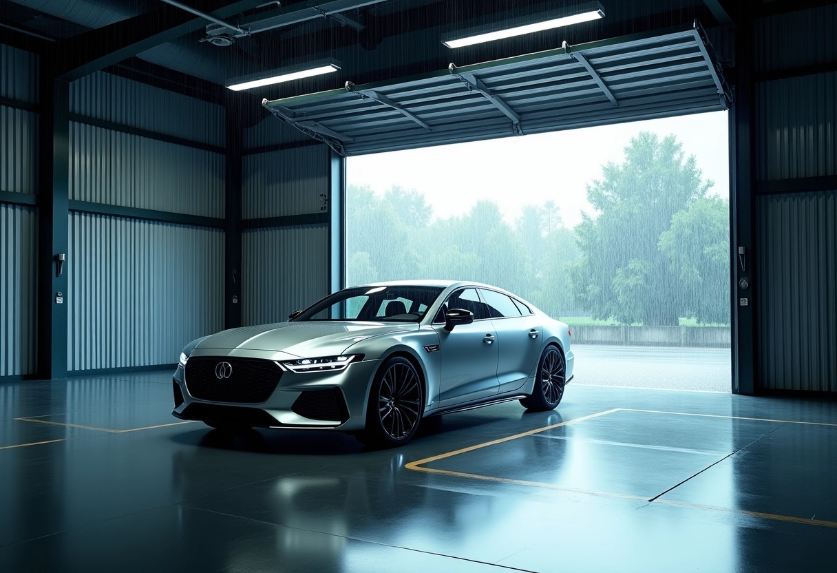 Voiture dans un garage métallique protégé contre la foudre