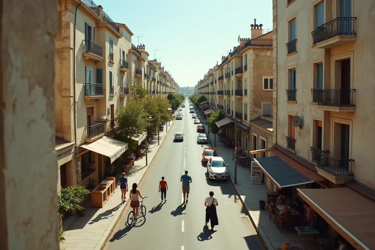 Vue plongeante sur une avenue des quartiers nord de Marseille avec immeubles et habitants